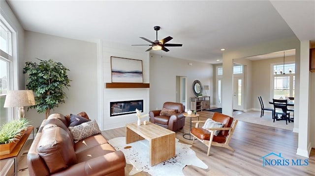 living room featuring a large fireplace, light wood-type flooring, ceiling fan with notable chandelier, and a healthy amount of sunlight