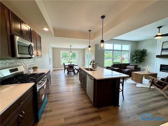 kitchen with appliances with stainless steel finishes, sink, dark brown cabinetry, pendant lighting, and dark hardwood / wood-style floors