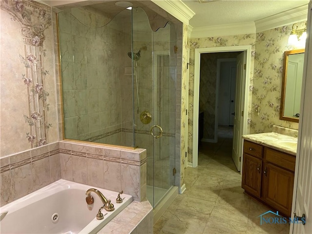 bathroom with vanity, crown molding, and independent shower and bath