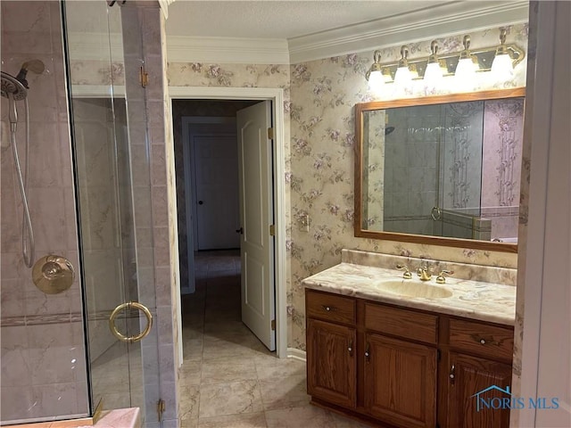 bathroom with vanity, walk in shower, and crown molding