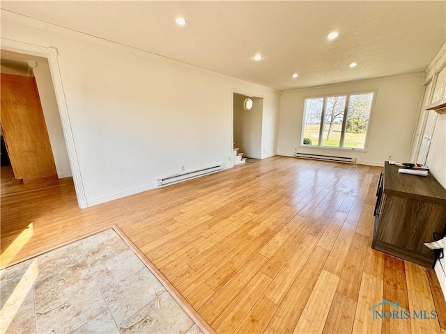 unfurnished living room with light wood-type flooring, crown molding, and a baseboard radiator