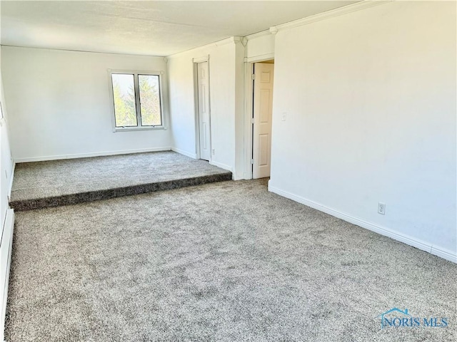 spare room with carpet flooring, crown molding, and a baseboard heating unit