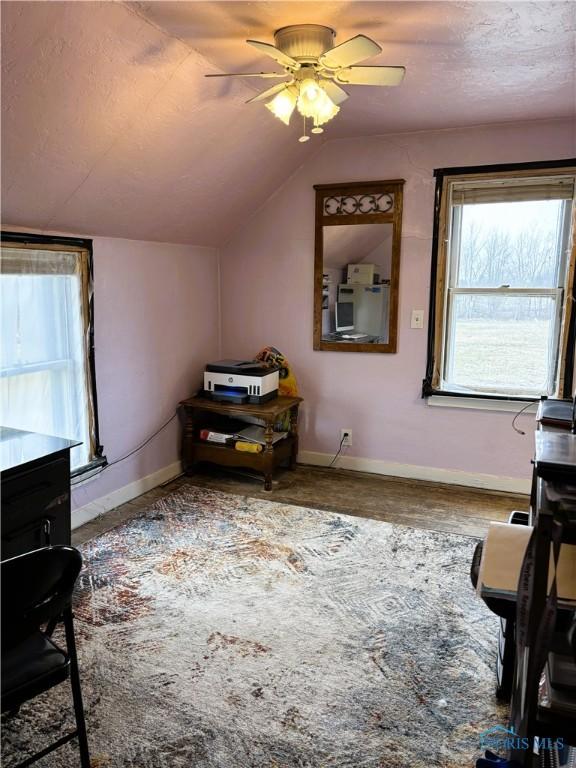 interior space with vaulted ceiling and ceiling fan