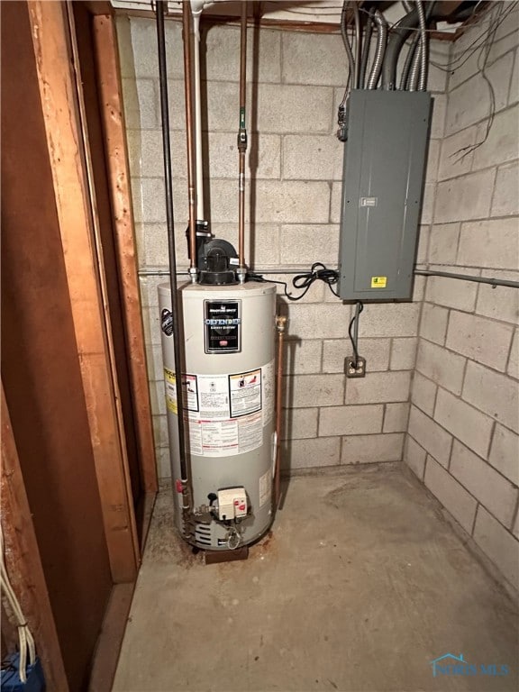 utility room with electric panel and water heater