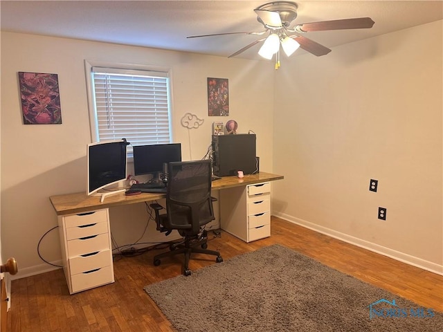 office space featuring dark hardwood / wood-style floors and ceiling fan