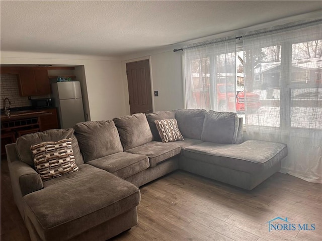 living room with a textured ceiling, light hardwood / wood-style flooring, plenty of natural light, and sink