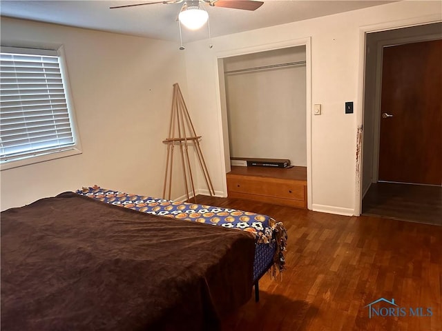 bedroom featuring ceiling fan, a closet, and dark wood-type flooring