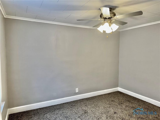 spare room with carpet floors, ornamental molding, and ceiling fan