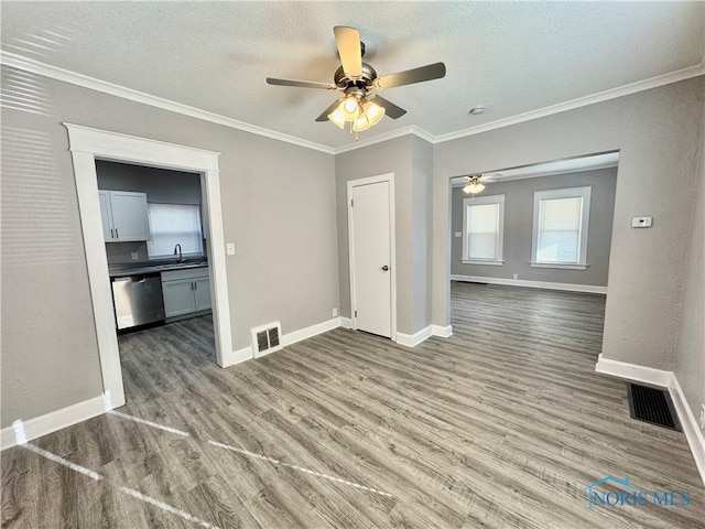 interior space with ceiling fan, wood-type flooring, sink, ornamental molding, and a textured ceiling