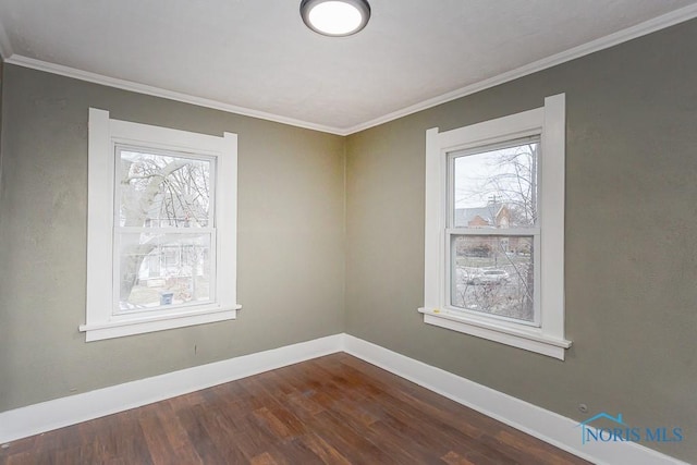 spare room with hardwood / wood-style floors and crown molding