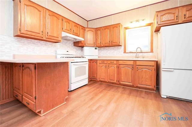 kitchen featuring decorative backsplash, sink, white appliances, and light hardwood / wood-style floors