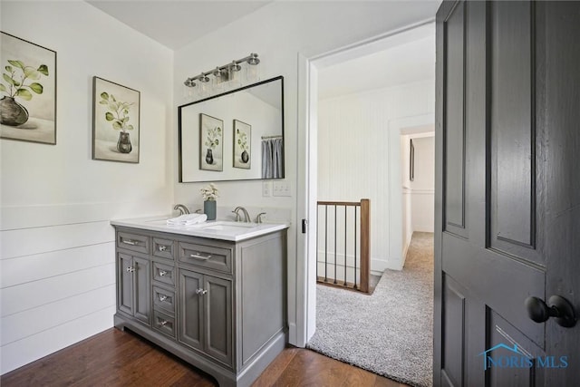 bathroom with hardwood / wood-style flooring and vanity