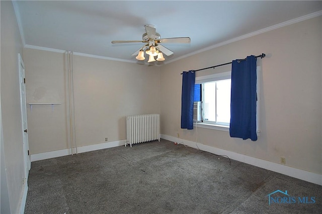 unfurnished room with radiator, cooling unit, ornamental molding, dark colored carpet, and ceiling fan