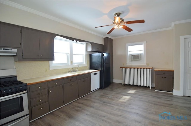 kitchen featuring light wood-type flooring, gas range, radiator heating unit, sink, and white dishwasher