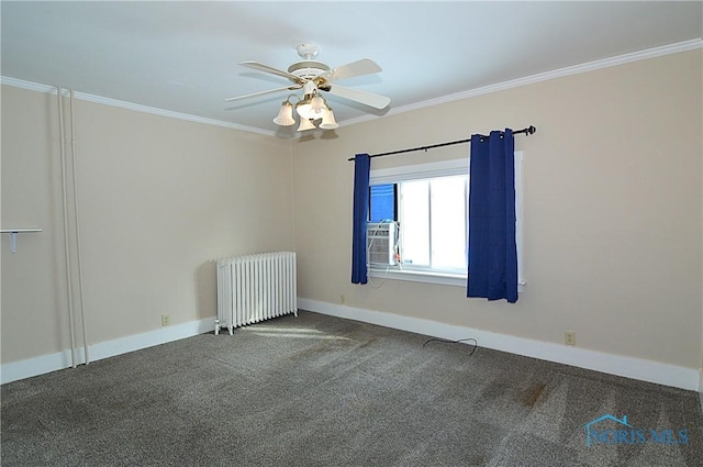 unfurnished room with radiator, cooling unit, ceiling fan, crown molding, and carpet