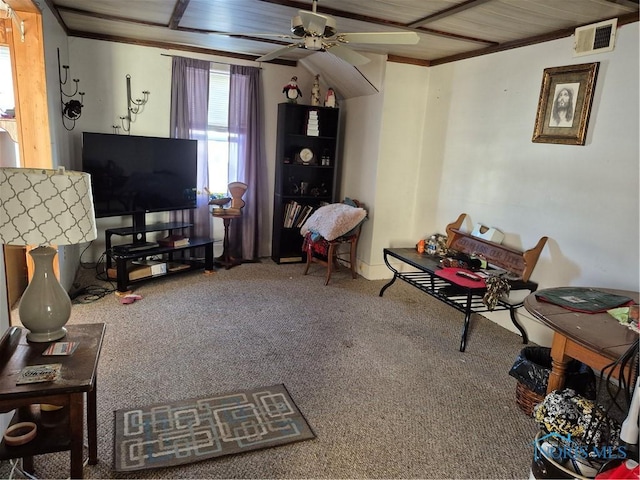 interior space with carpet flooring and ceiling fan