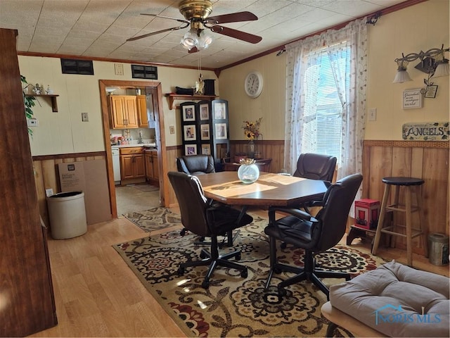 dining space with ceiling fan, wooden walls, ornamental molding, and light wood-type flooring