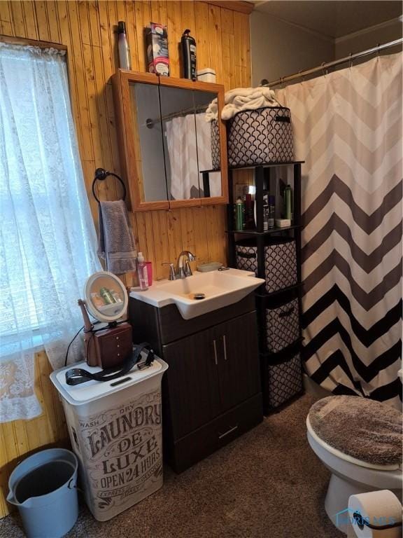 bathroom featuring wooden walls, vanity, and toilet