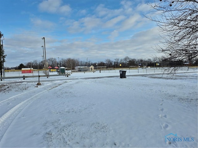 view of yard layered in snow