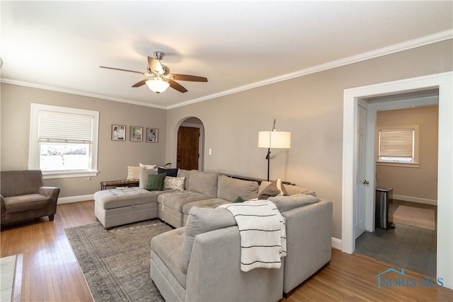 living room featuring hardwood / wood-style flooring, ceiling fan, and crown molding