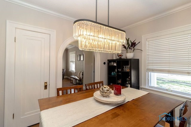 dining space featuring crown molding