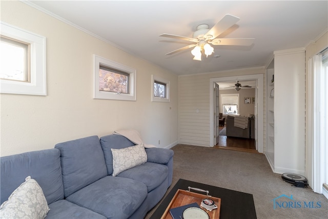 carpeted living room with ceiling fan and ornamental molding