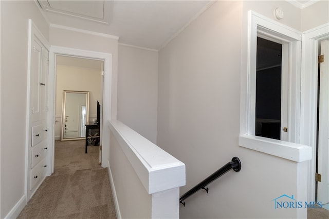 hall with light carpet and crown molding