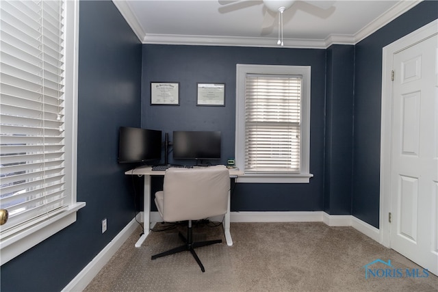 carpeted home office with ceiling fan and ornamental molding