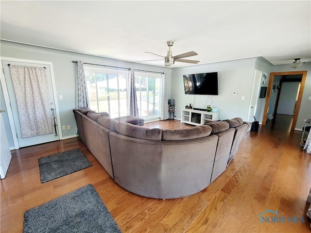 living room featuring ceiling fan and wood-type flooring