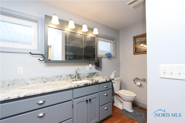 bathroom featuring hardwood / wood-style flooring, vanity, and toilet