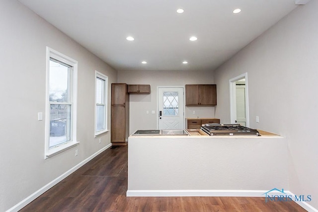 kitchen featuring dark wood-type flooring, plenty of natural light, and kitchen peninsula