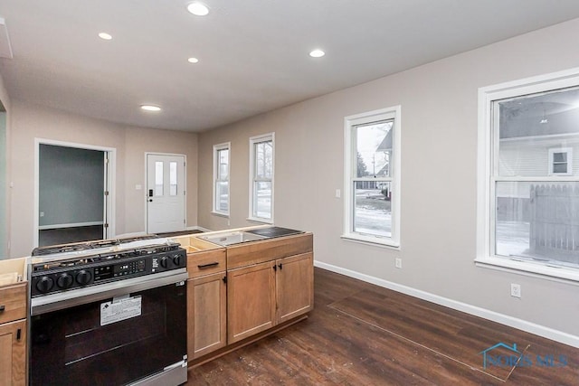 kitchen with black gas stove and dark hardwood / wood-style flooring