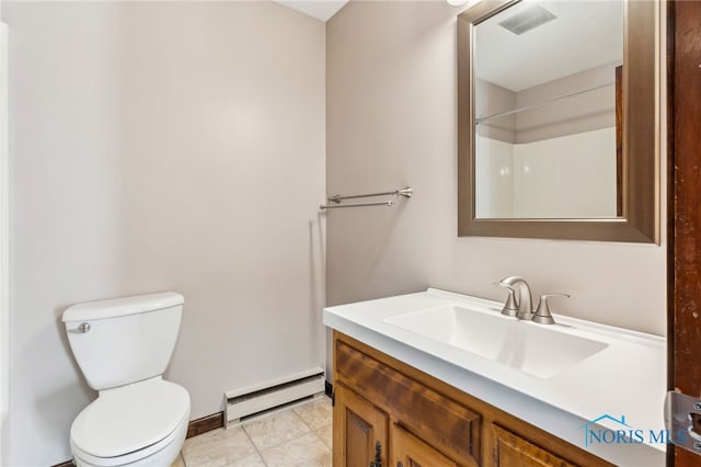 bathroom featuring vanity, toilet, and baseboard heating