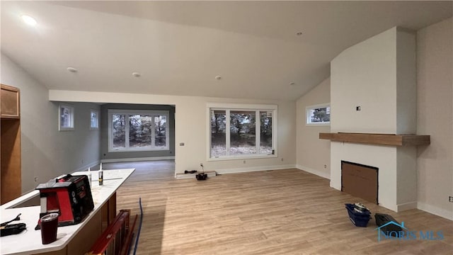 living room featuring lofted ceiling and light hardwood / wood-style flooring