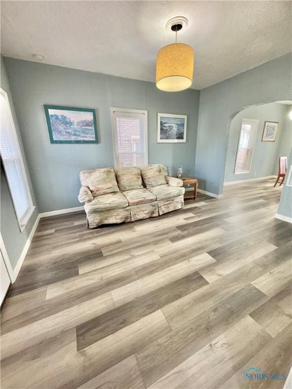 living room featuring a textured ceiling and hardwood / wood-style flooring