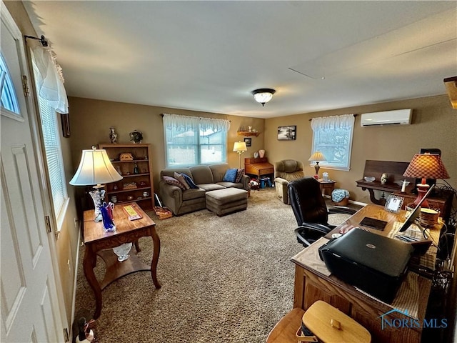 carpeted office space featuring an AC wall unit