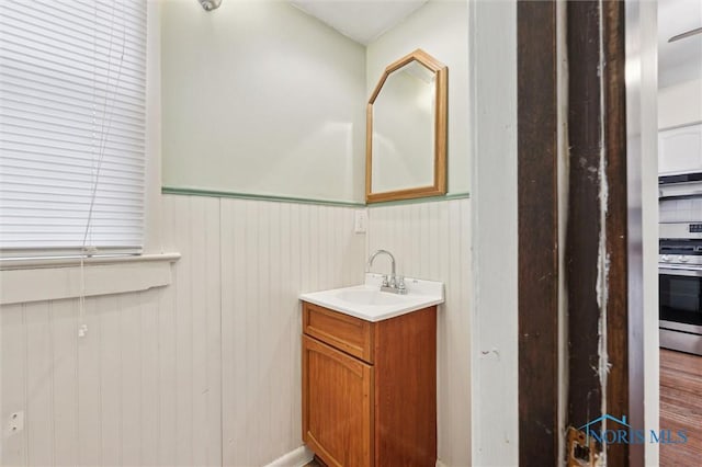 bathroom with wood-type flooring and vanity