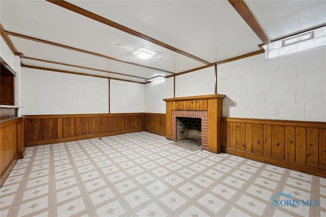 basement with a fireplace