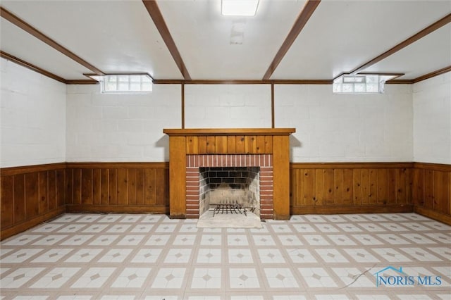 basement with a fireplace