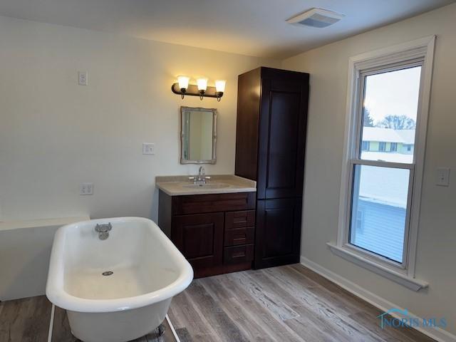 bathroom featuring a washtub, vanity, hardwood / wood-style flooring, and plenty of natural light