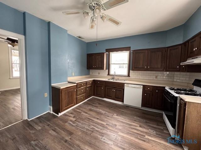 kitchen featuring decorative backsplash, sink, white appliances, and dark wood-type flooring