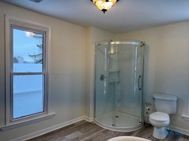 bathroom featuring hardwood / wood-style flooring, a healthy amount of sunlight, and walk in shower