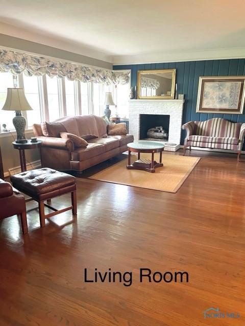 living room with a fireplace and hardwood / wood-style floors