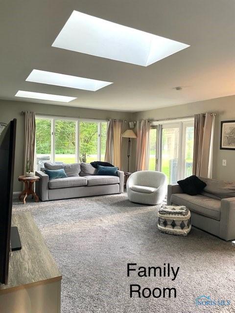 carpeted living room with a skylight