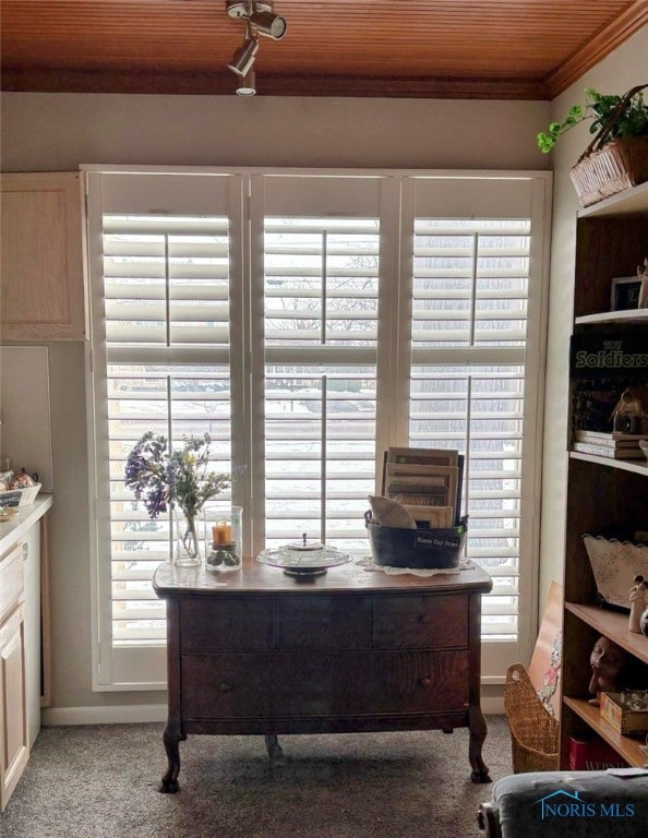 office space featuring crown molding, wood ceiling, and light carpet