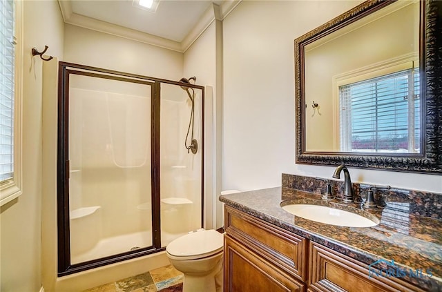 bathroom with a wealth of natural light, crown molding, vanity, and a shower with shower door