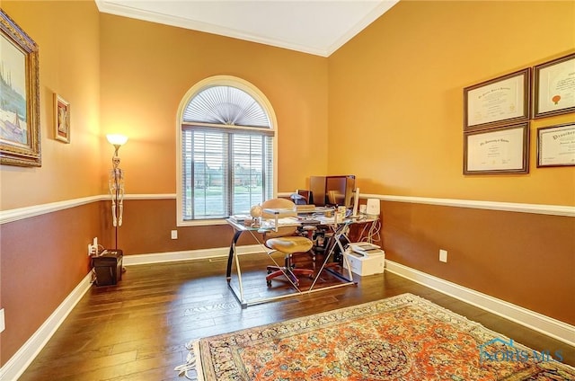 office area featuring dark hardwood / wood-style flooring and crown molding