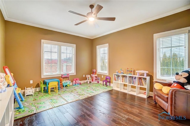 playroom with wood-type flooring, crown molding, and a healthy amount of sunlight