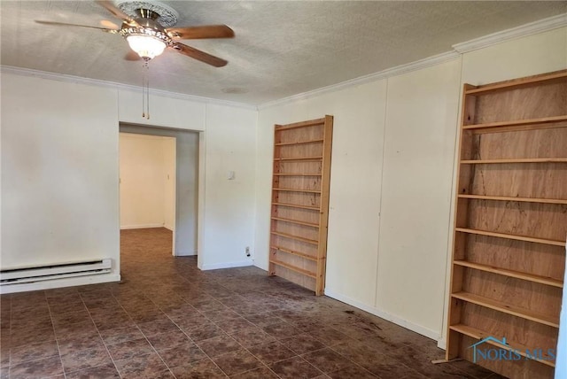 spare room featuring a baseboard heating unit, ceiling fan, built in features, ornamental molding, and a textured ceiling