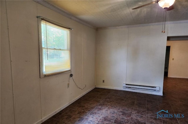 empty room featuring baseboard heating, ornamental molding, and ceiling fan